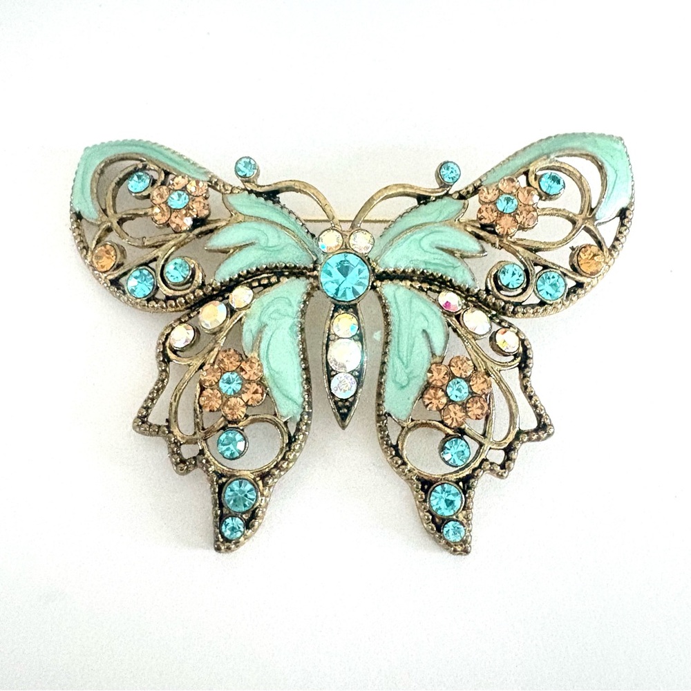Nina Ricci Avon Large Butterfly Brooch Vintage AB Crystals Blue Teal Enamel